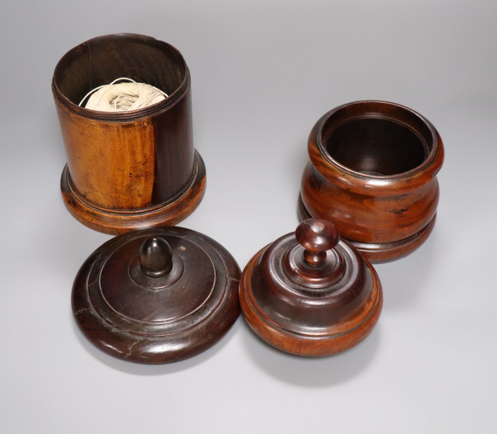 A 19th century lignum vitae string box, 18cm, and a similar tobacco? jar and cover